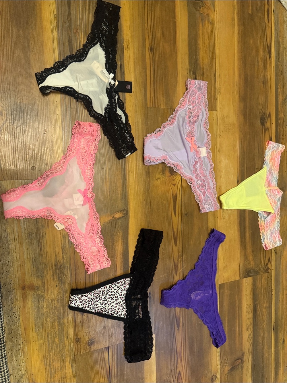 Victoria's Secret Lace-Trim Thong Set in Black, Pink, Purple, Yellow & White
